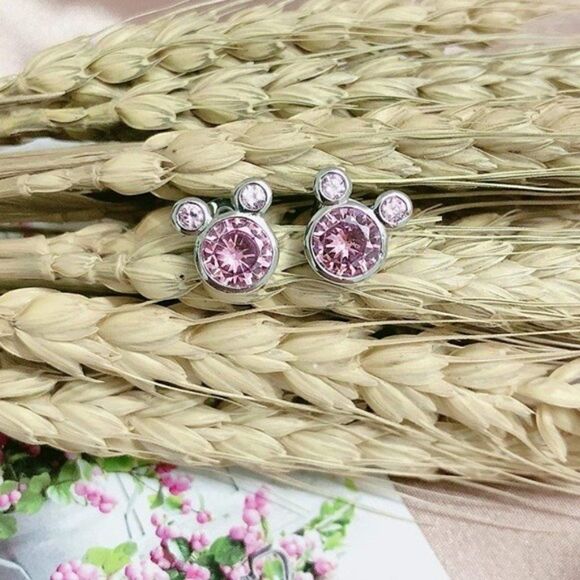 Silver Platinum and Pink Sapphire Cubic Zirconia Mickey Mouse Post Stud Earrings - Picture 4 of 6